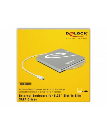 DeLOCK External enclosure for 5.25? Slot-in Slim SATA Drives 9.5 / 12.7 mm to USB Type-C plug, drive enclosure (silver)
