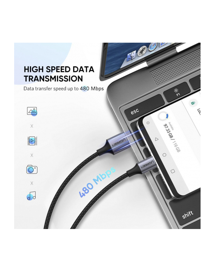 Kabel UGREEN 60128 (USB 20 M - USB 30 Typu C M; 2m; kolor czarny) główny