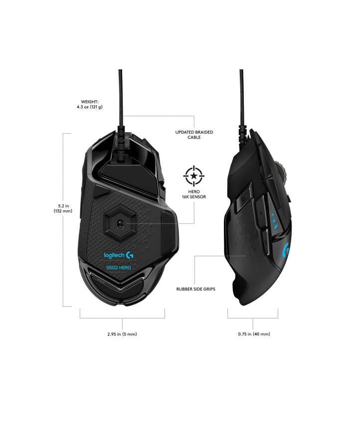 Mysz Logitech G502 Gaming HERO EU 910-005471 (optyczna; 16000 DPI; kolor czarny główny