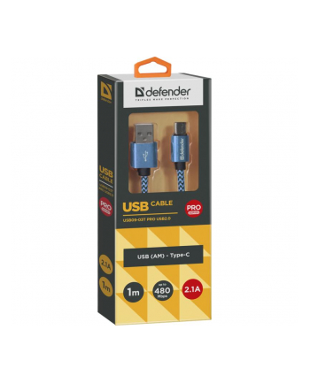 Kabel USB Defender AM-TYPE C 1m 2,1A niebieski