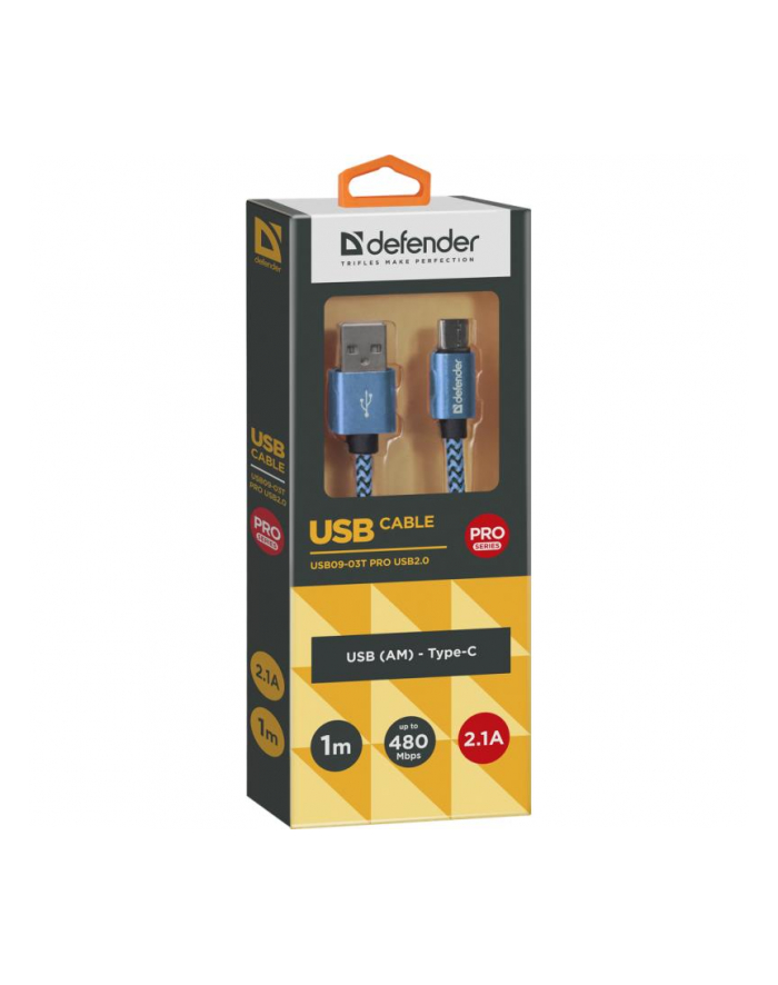 Kabel USB Defender AM-TYPE C 1m 2,1A niebieski główny