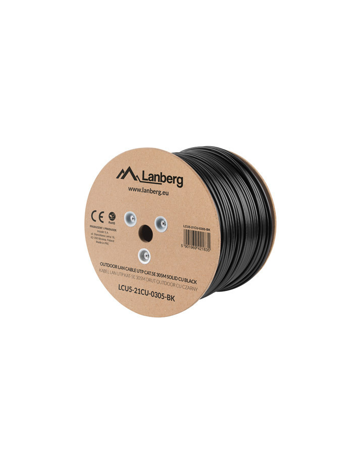 Lanberg kabel instalacyjny UTP, kat. 5e, drut OUTDOOR CU, 305m, czarny główny