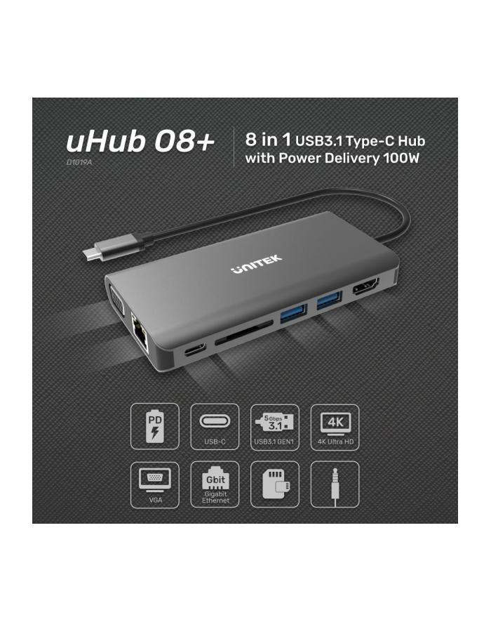 unitek HUB 8-w-1 D1019A USB3.1 Typ-C + 2xUSB + HDMI + VGA + GIGA + SD główny