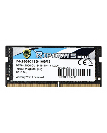 Pamięć RAM G.SKILL Ripjaws F4-2666C19S-16GRS (DDR4 SO-DIMM; 1 x 16 GB; 2666 MHz; CL19)