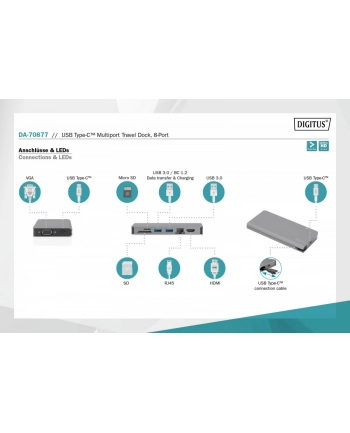 digitus Stacja dokująca USB Typ C, 8 portów, 4K 30Hz, PD 3.0 HQ aluminiowa