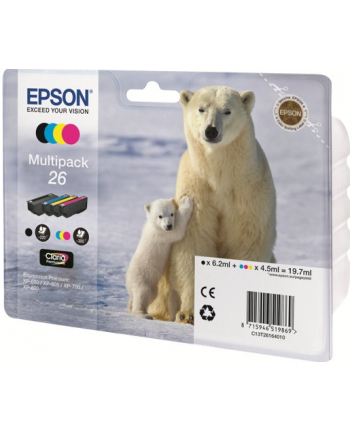 EPSON 26 Series Polar bear multipack containing 4 ink cartridge: black cyan magenta yellow in RS blister pack with RF+AM tags