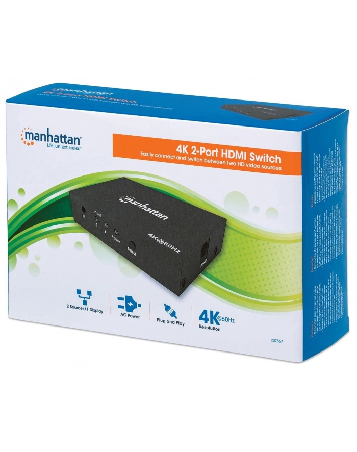 ic intracom MANHATTAN 207867 Manhattan 2-portowy przełącznik AV HDMI 2x1 4K@60Hz zasilanie AC pilot IR główny