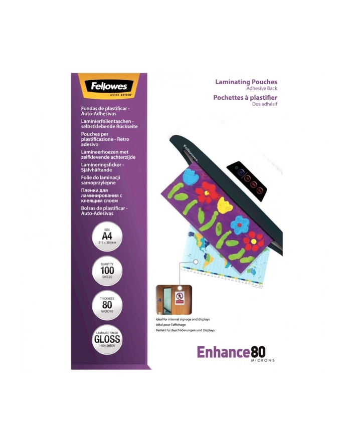 fellowes Folie do laminacji samoprzylepne 80mik A4, 100 sztuk główny