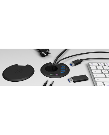 icy box ICYBOX Table Hub 4x USB 3.0 Type-A with Audio in-/output and Schuko Socket CEE 7/3 diameter 80 mm Black