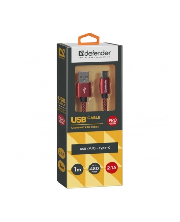 Kabel USB Defender AM-TYPE C 1m 2,1A czerwony