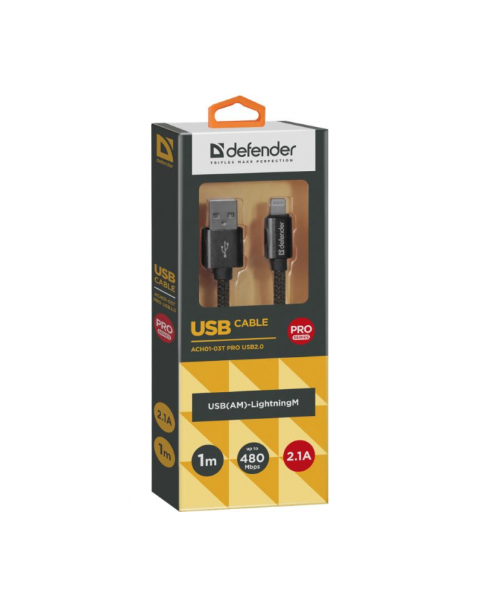 Kabel USB Defender USB-LIGHTNING 1m 2,1A czarny główny