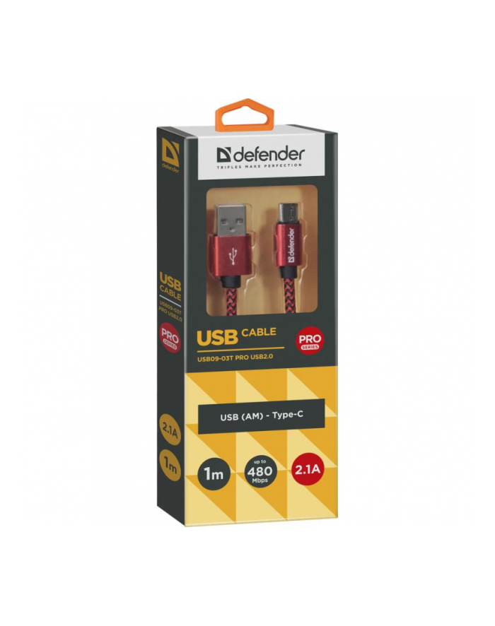 Kabel USB Defender AM-TYPE C 1m 2,1A czerwony główny