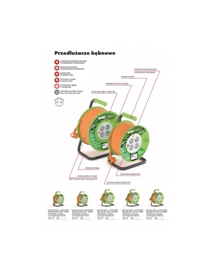 Przedłużacz bębnowy Acar M01950 20m pomarańczowy główny