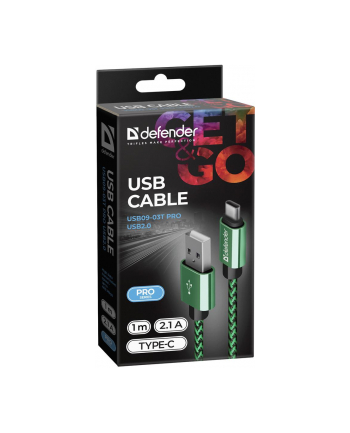 Kabel USB Defender AM-TYPE C 1m 2,1A zielono-czarny