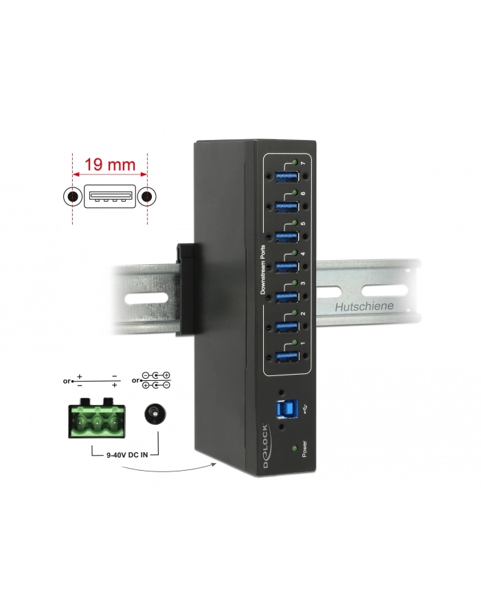 DeLOCK External Industrial Hub 7 x USB 3.0 Type-A USB hub (Black, with 15 kV ESD protection) główny