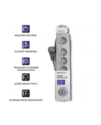 qoltec Listwa antyprzepięciowa 5 gniazd | 1.8m | Szara