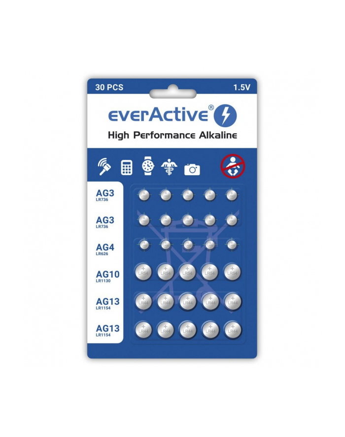 EVERACTIVE BATERIE ALKALICZNE MINI ZESTAW: 10 X G3 / LR41  5 X G4 / LR626  5 X G10 / LR1130  10 X G13 / LR1154 AGMIX30BL główny