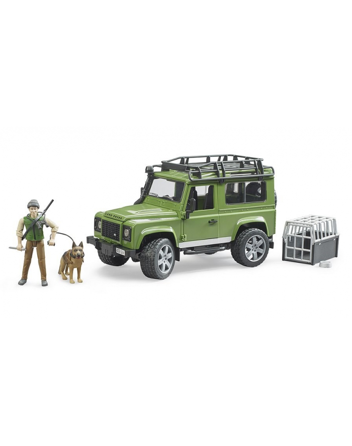 bruder Land Rover Defender z figurką leśnika i z psem główny