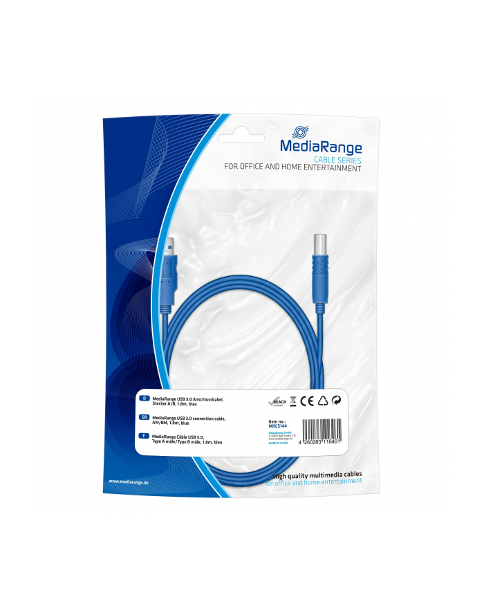 Kabel USB 3.0 MediaRange MRCS144 AM/BM, 1,8m, niebieski główny