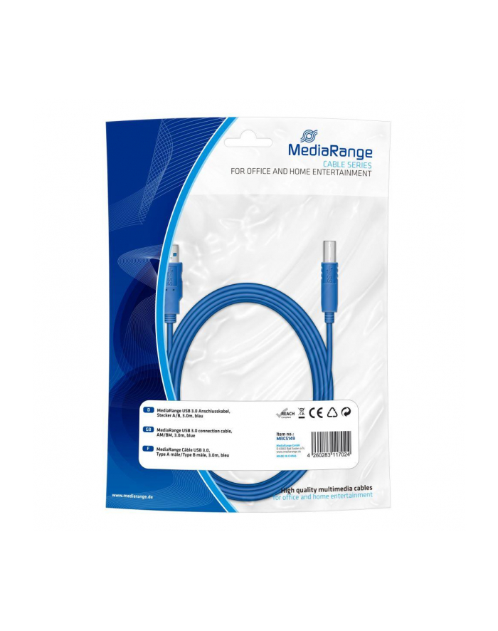 Kabel USB 3.0 MediaRange MRCS149 AM/BM, 3m, niebieski główny