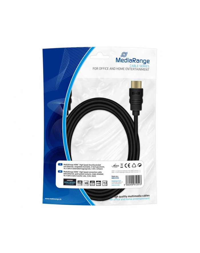 Kabel HDMI MediaRange MRCS155 HDMI/HDMI with Ethernet, 3.0m, czarny główny