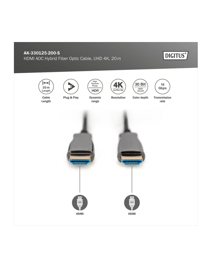 Digitus Hdmi Diditus Hybrydowy Premium Highspeed Z Ethernetem 4K 60Hz Uhd Typ Hdmi A/A M/M Czarny 20M główny