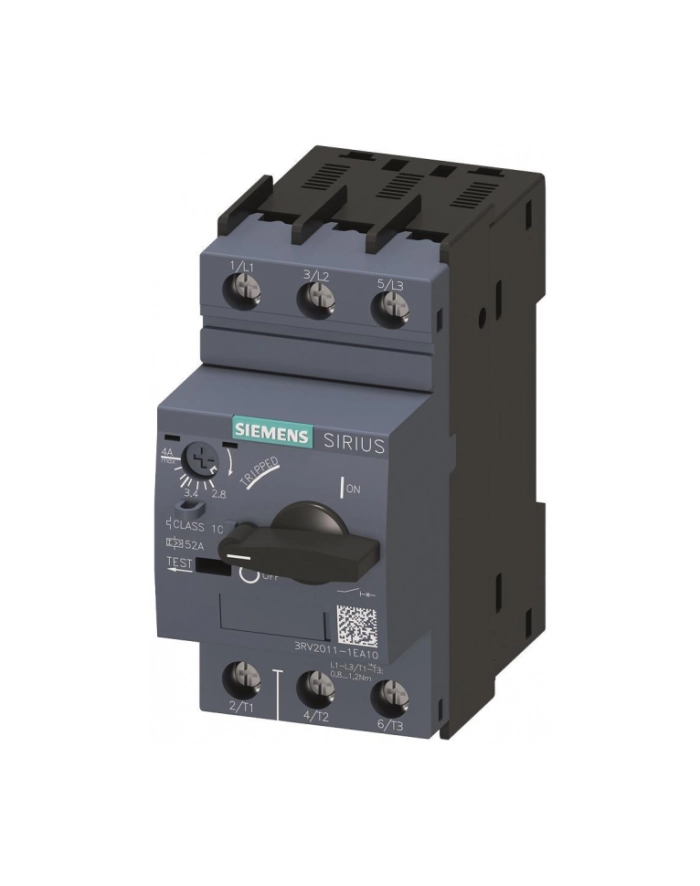 Siemens Wyłącznik silnikowy 1.5kw 2.8-4a s00 klasa 10 52a IP20 97/45/96mm Sirius 3RV2011-1EA10 główny
