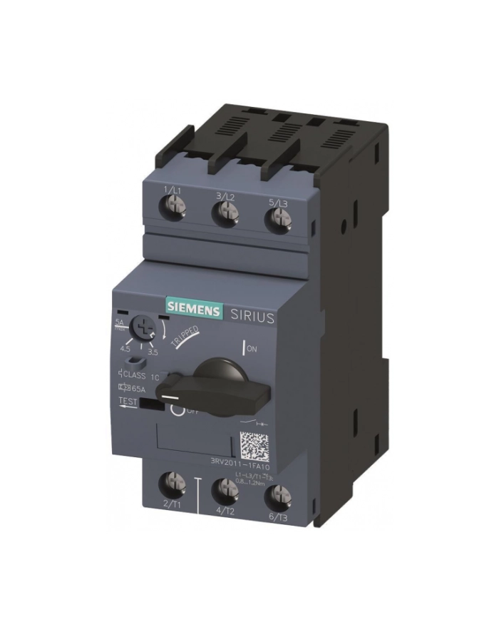 Siemens Wyłącznik silnikowy 2.2kw 3.5-5a s00 klasa 10 65a IP20 97/45/96mm Sirius 3RV2011-1FA10 główny