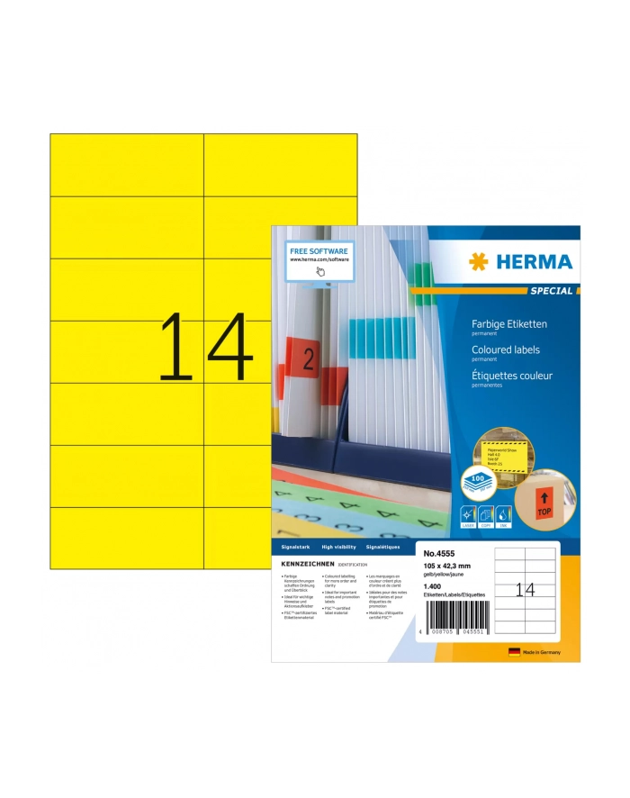 Herma Kolorowe Etykiety A4, 105 X 42,3 Mm, Żółty, Trwała Przyczepność - 4555 główny
