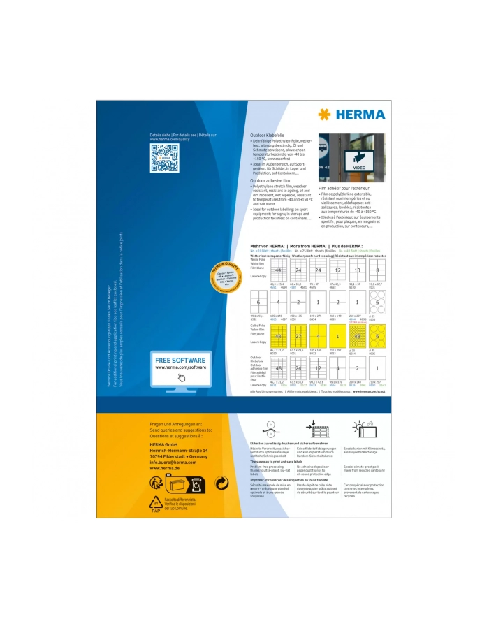 Herma Odporne Na Warunki Atmosferyczne Etykiety Foliowe A4, 210 X 148 Mm, Białe, Wyjątkowo Silna Przyczepność, Rozciągliwe - 9541 główny