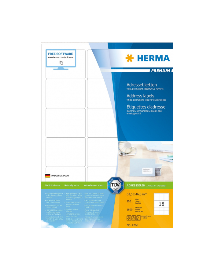 Herma Etykiety Premium 4265 A4 Adresowe Białe 63.5 X 46.6 Mm Papier Matowy 1800 Szt (4265) główny