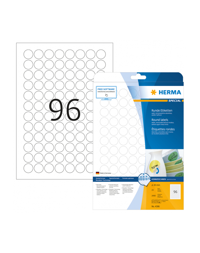 Herma Etykiety odklejalne 4386 Movables A4 okrągłe Ø 20mm białe papier matowy 2400szt. 4386 główny