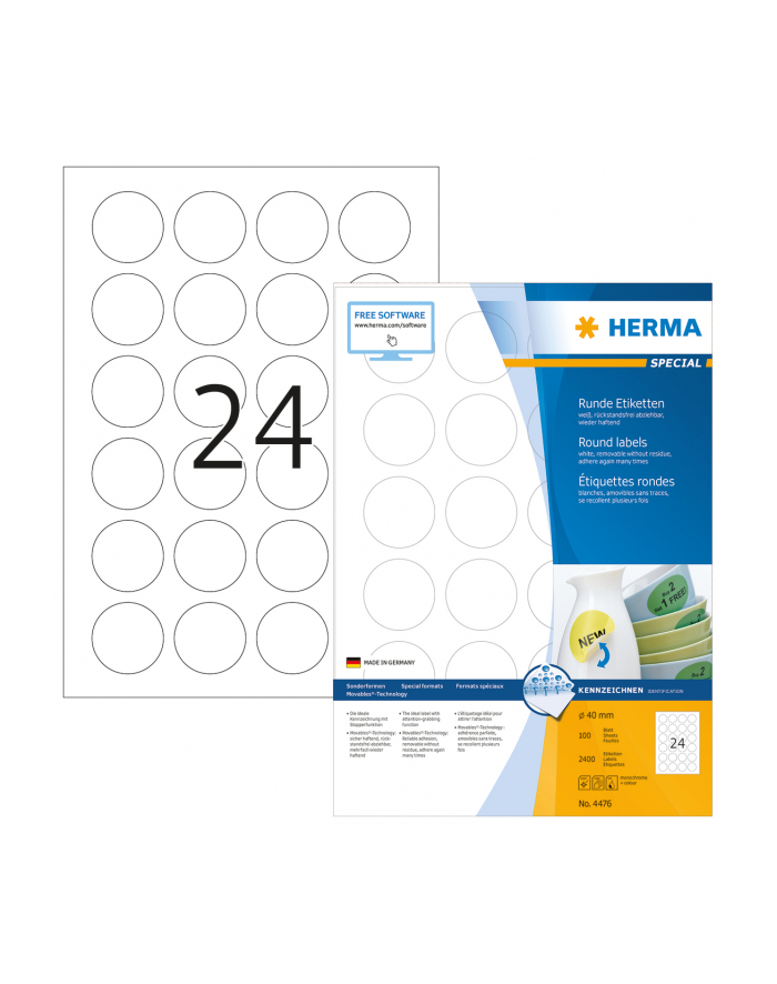 Herma Etykiety odklejalne 4476 Movables A4 okrągłe Ø 40mm białe papier matowy 2400szt. 4476 główny