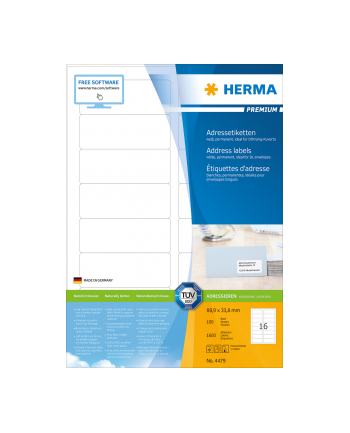 Herma Etykiety adresowe 4479 Premium A4 białe 88.9 x 33.8mm papier matowy 1600 szt 4479