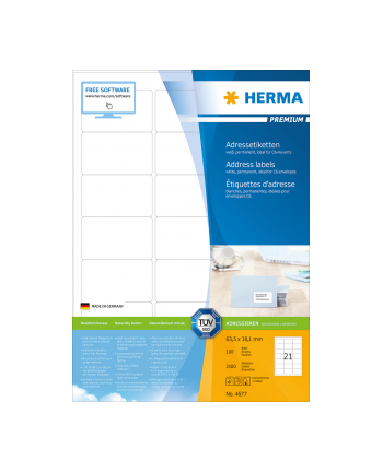 Herma Etykiety Premium 4677 A4 adresowe białe 63.5 x 38.1mm papier matowy 2100 szt 4677