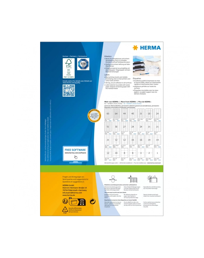 Herma Etykiety Premium 4265 A4 Adresowe Białe 63.5 X 46.6 Mm Papier Matowy 1800 Szt (4265) główny