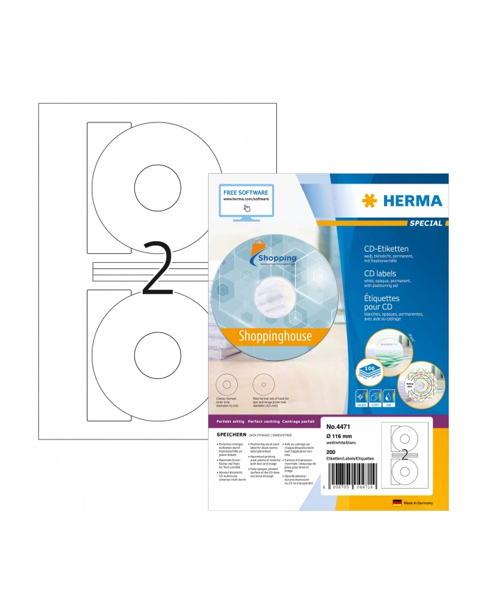 Herma Etykiety samoprzylepne 4471 A4 na CD białe okrągłe Ø 116mm papier matowy 200 szt 4471 główny