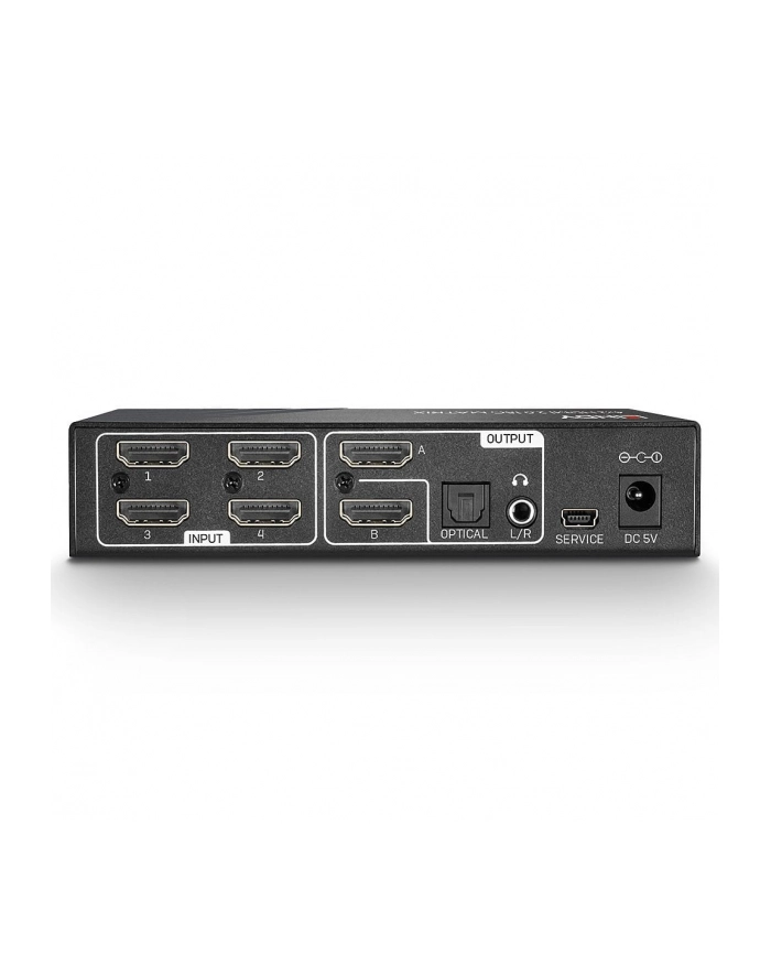 Lindy 38084 Przełącznik (switch) Matrix HDMI 4K UHD 2 ekrany 4-portowy z audio, portem optycznym i analogowym   pilot IR główny