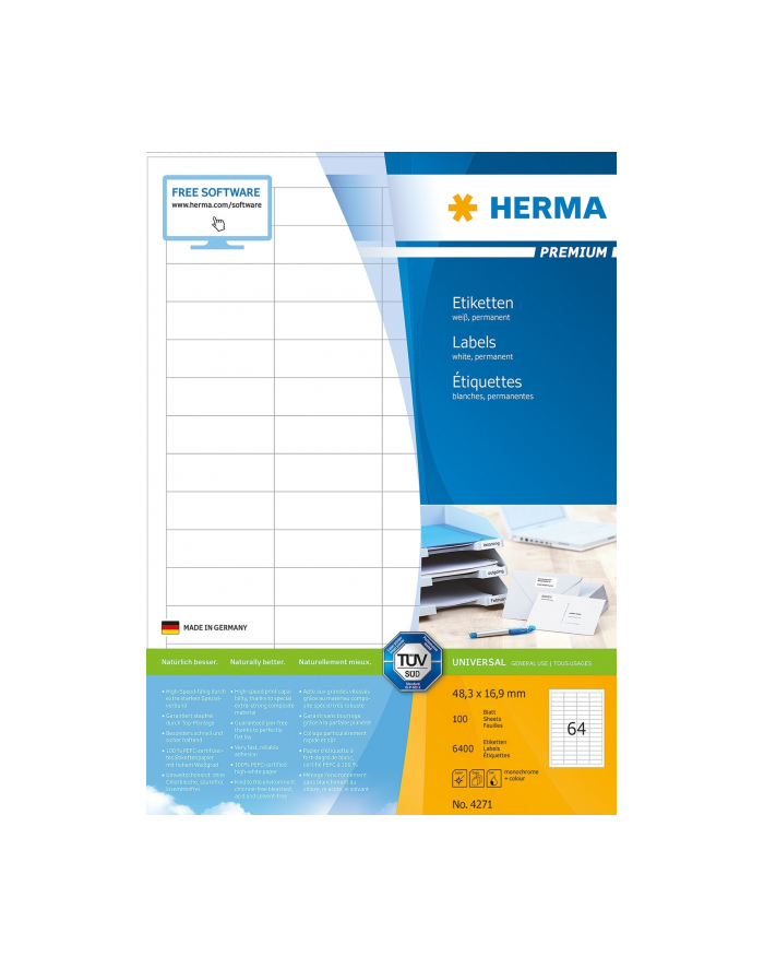 Herma Etykiety Premium 4271 A4 białe 48,3 x 16,9mm papier matowy 6400szt. 4271 główny