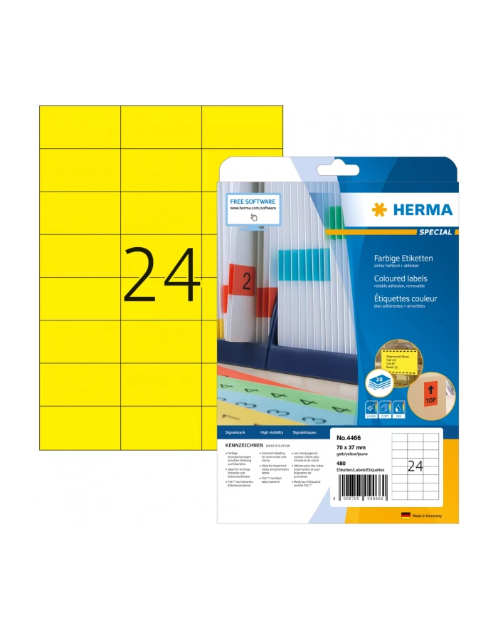 Herma Etykiety kolorowe 4466 A4 70 x 37mm papier matowy żółty 480 szt 4466 główny