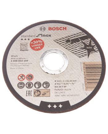 Bosch Tarcza tnąca prosta Standard for Inox – Rapido WA 60 T BF, 115 mm, 22,23 mm, 1,0 mm 2608603254