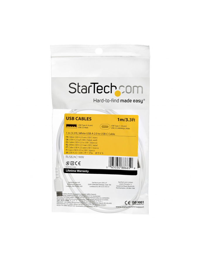 Startech.COM  1 M / 3.3 FT. USB 2.0 TO USB C CABLE - WHITE - ARAMID FIBER - USB-C CABLE - 1 M  (RUSB2AC1MW) główny