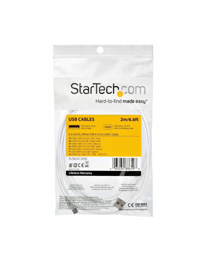 Startech.COM  2 M / 6.6FT. USB 2.0 TO USB C CABLE - WHITE - ARAMID FIBER - USB-C CABLE - 2 M  (RUSB2AC2MW) główny