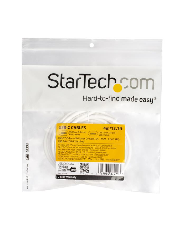 Startech.com 4m 13ft USB C to USB C Cable 5A PD - USB 2.0 USB-IF Certified - USB-C cable - 4 m (USB2C5C4MW) główny