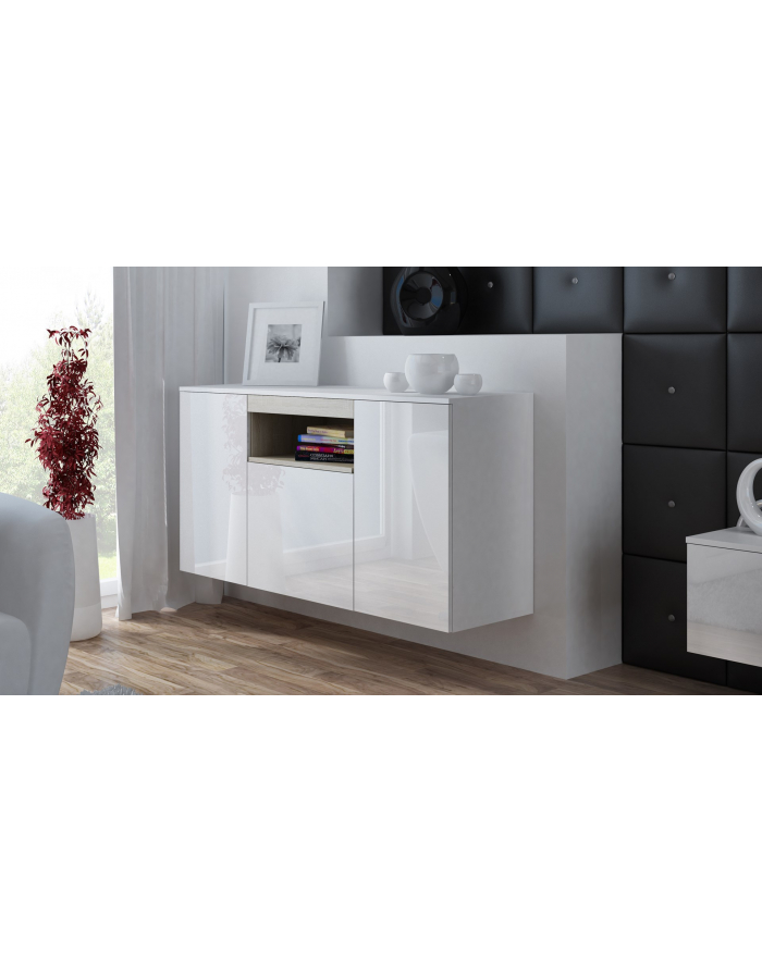 cama meble Komoda VIVA 150 biały/ biały połysk+ dąb sonoma główny