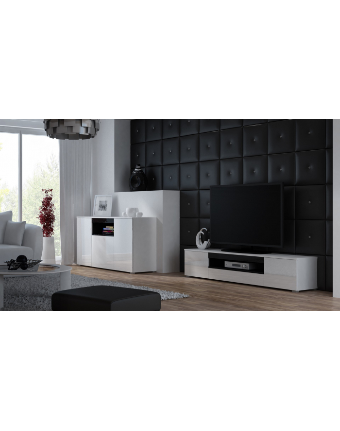 cama meble Szafka RTV VIVA 180 biały/ biały połysk+ czarny główny