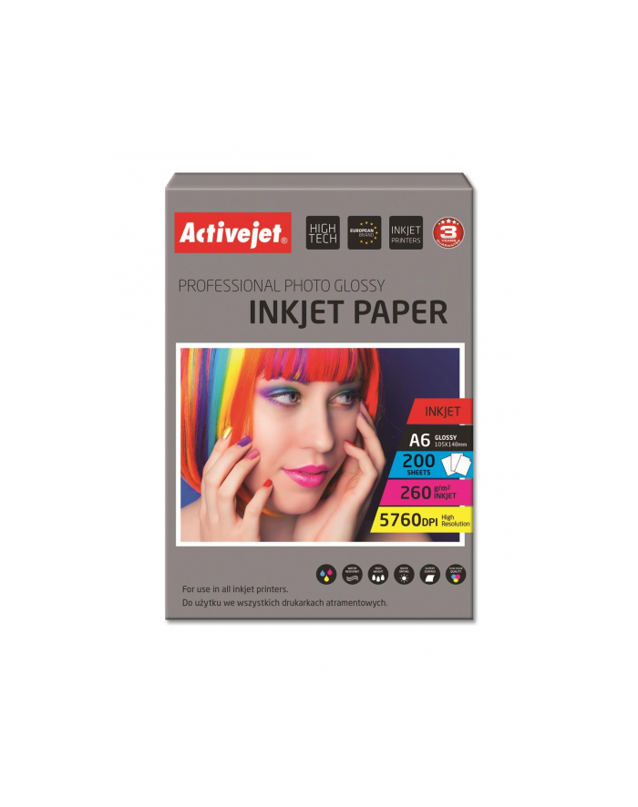 AP6-260GR200 Activejet Papier fotograficzny błyszczący żywicą powlekany A6 200szt 260g główny