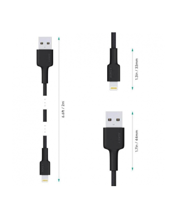 aukey Ultraszybki nylonowy kabel CB-AL05 Quick Charge Lightning-USB | 2m | certyfikat MFi Apple Czarny