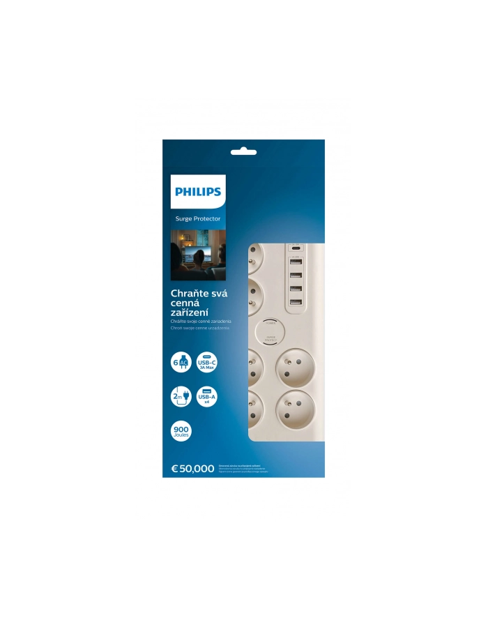 philips Listwa antyprzepięciowa 6 gniazd AC Fr 40W, 2 m główny