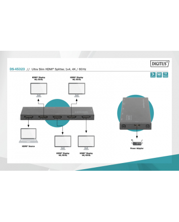 DIGITUS DS-45323 Ultra Slim HDMI Splitter 1x4 4K/60Hz HDR HDCP 2.2 18Gbps Micro USB powered